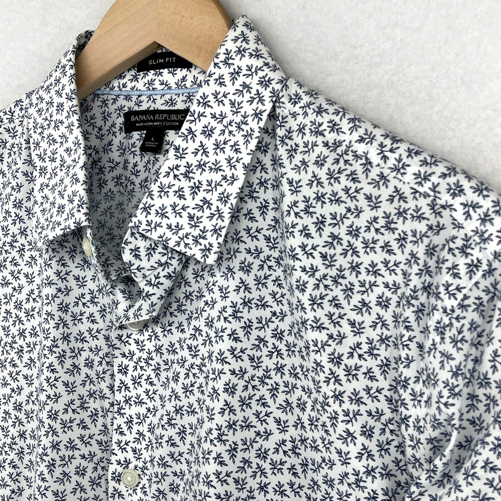 BANANA REPUBLIC Shirt Mens L Non Iron Slim Fit Floral Leaf Print Cotton White